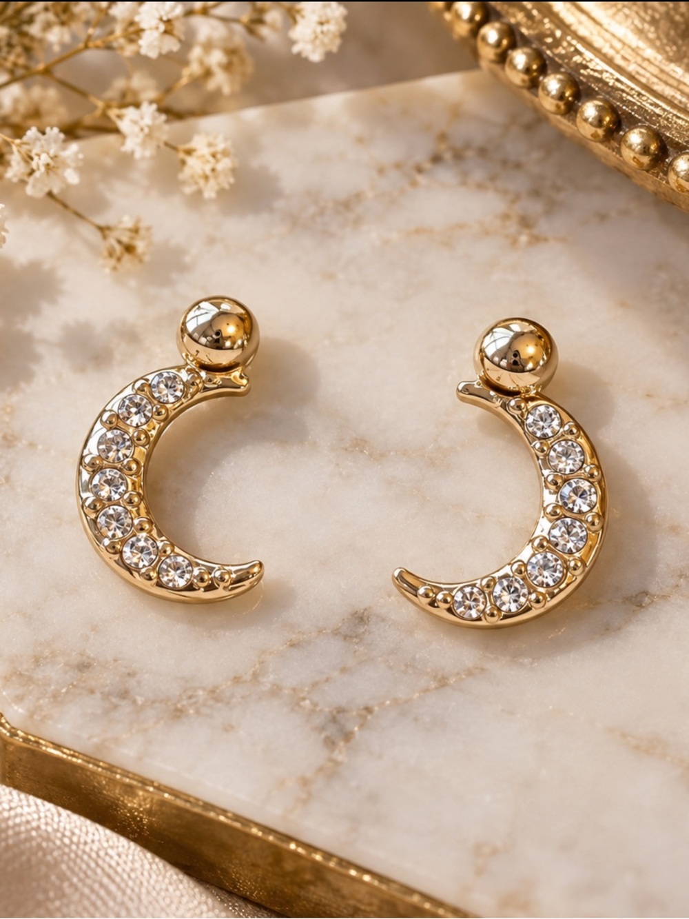 Gold Crescent Moon Stud and Jacket Earrings